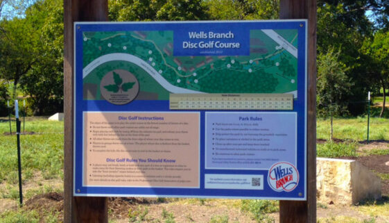 kiosk sign at Wells Branch disc golf course